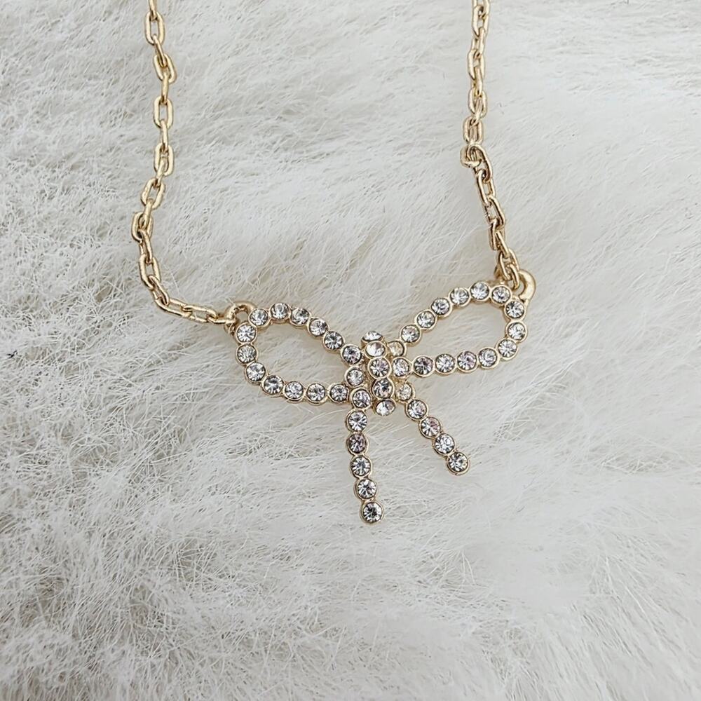 J Crew Pave Crystal Bow Necklace Gold Plated Adjustable Recycled Statement New
